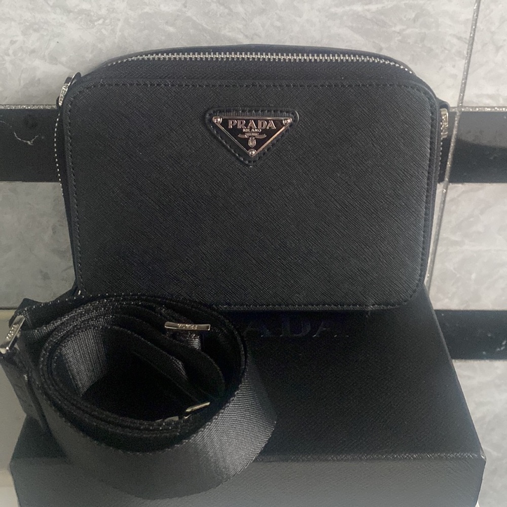 Prada Triangle Metal Logo Plaque Crossbody Bag